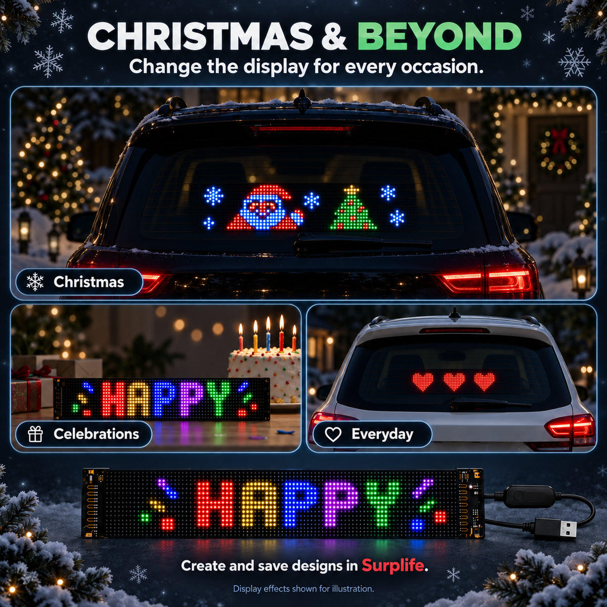 Christmas and everyday design examples for a programmable LED car rear-window display.