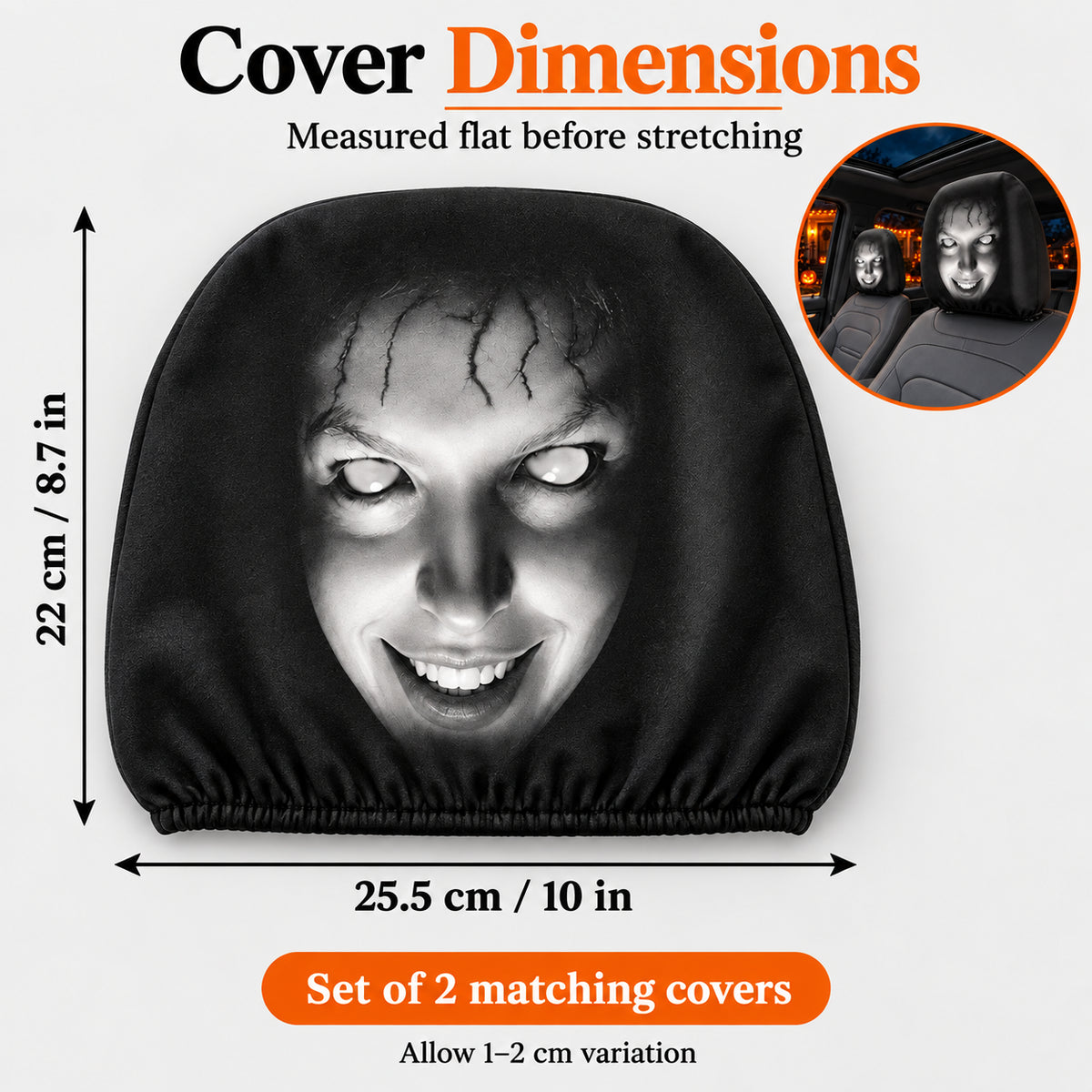 Headrest cover flat measurement chart showing 22 × 25.5 cm