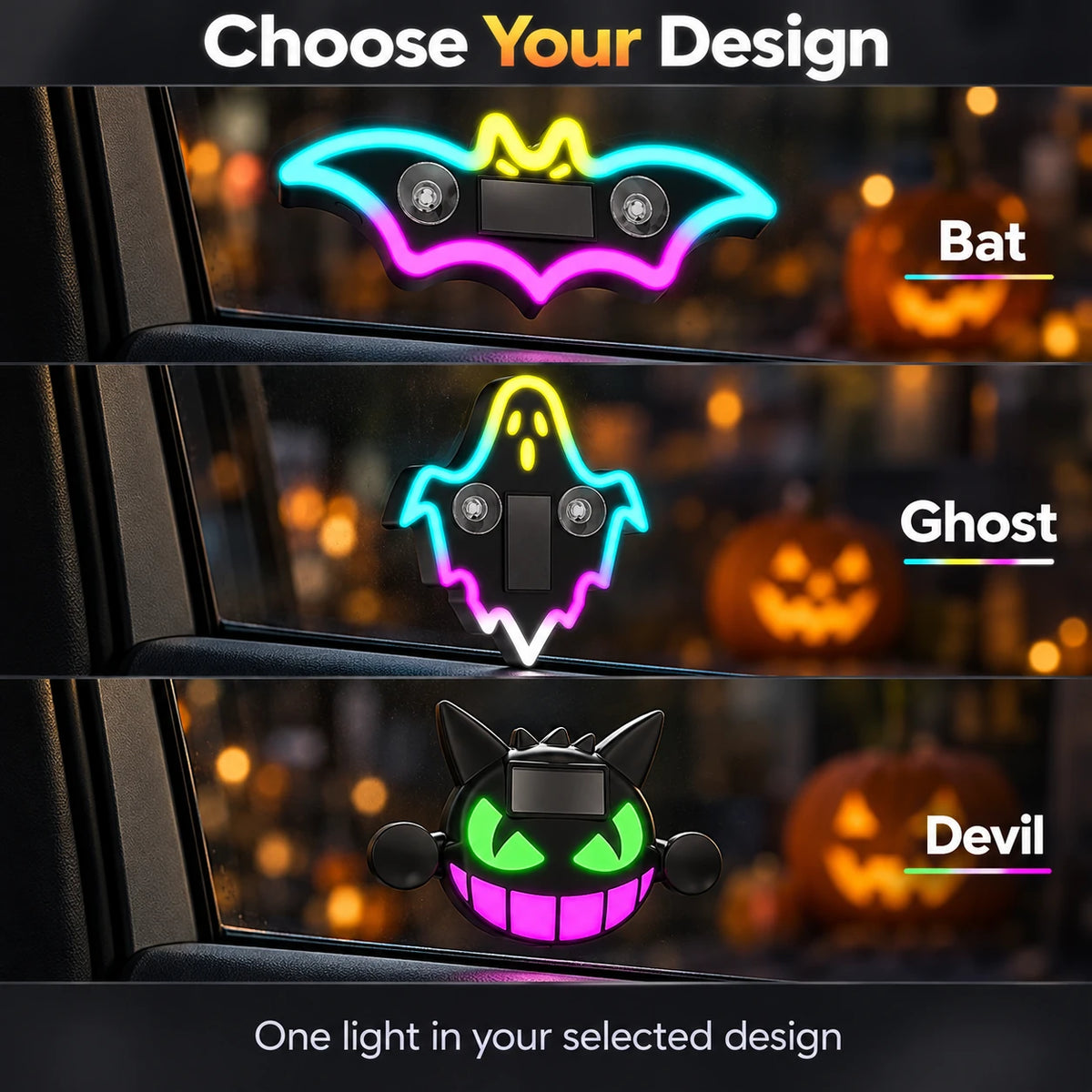 Bat, ghost and devil designs for multicolor Halloween solar-powered LED car window lights