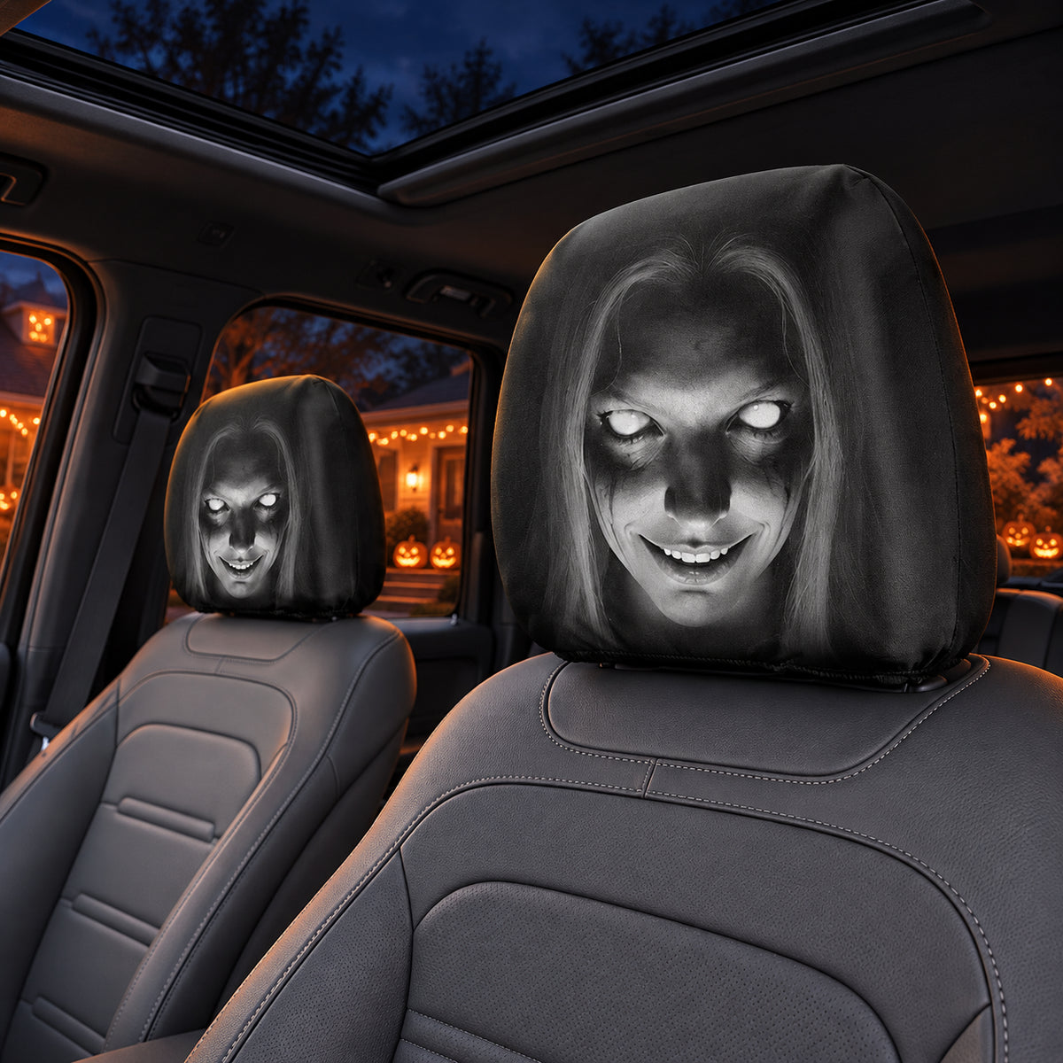 Long-Haired Ghost Halloween car headrest cover design