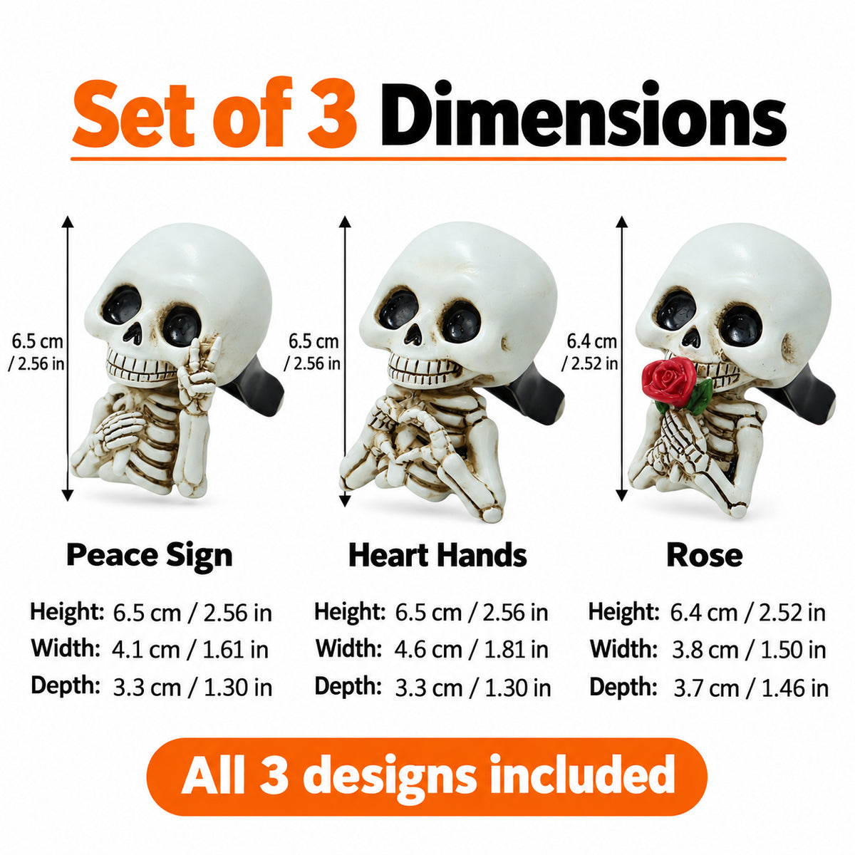 Size chart for Peace Sign, Heart Hands and Rose skeleton air vent decorations