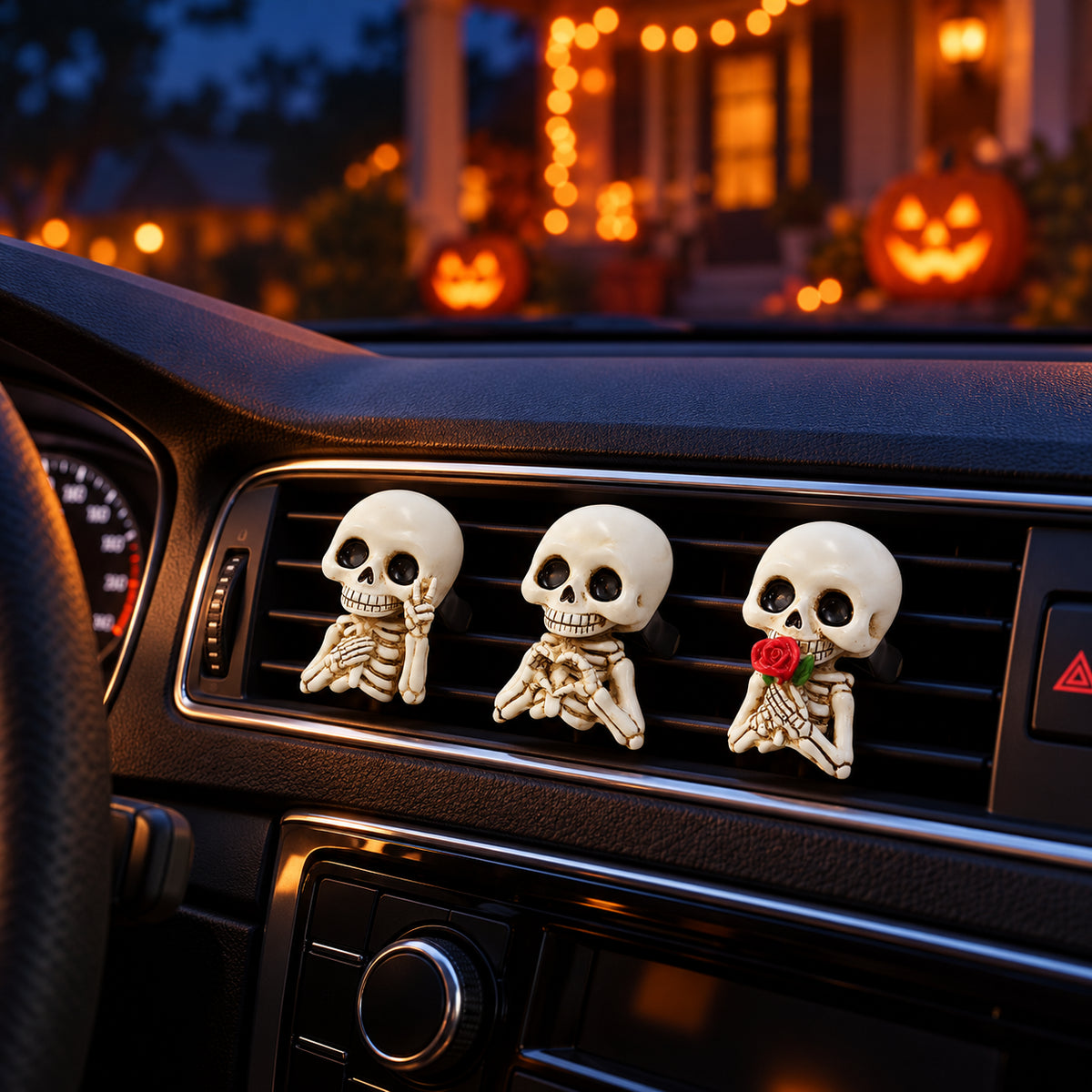 Smiling skeleton vent decorations in a Halloween car interior setting