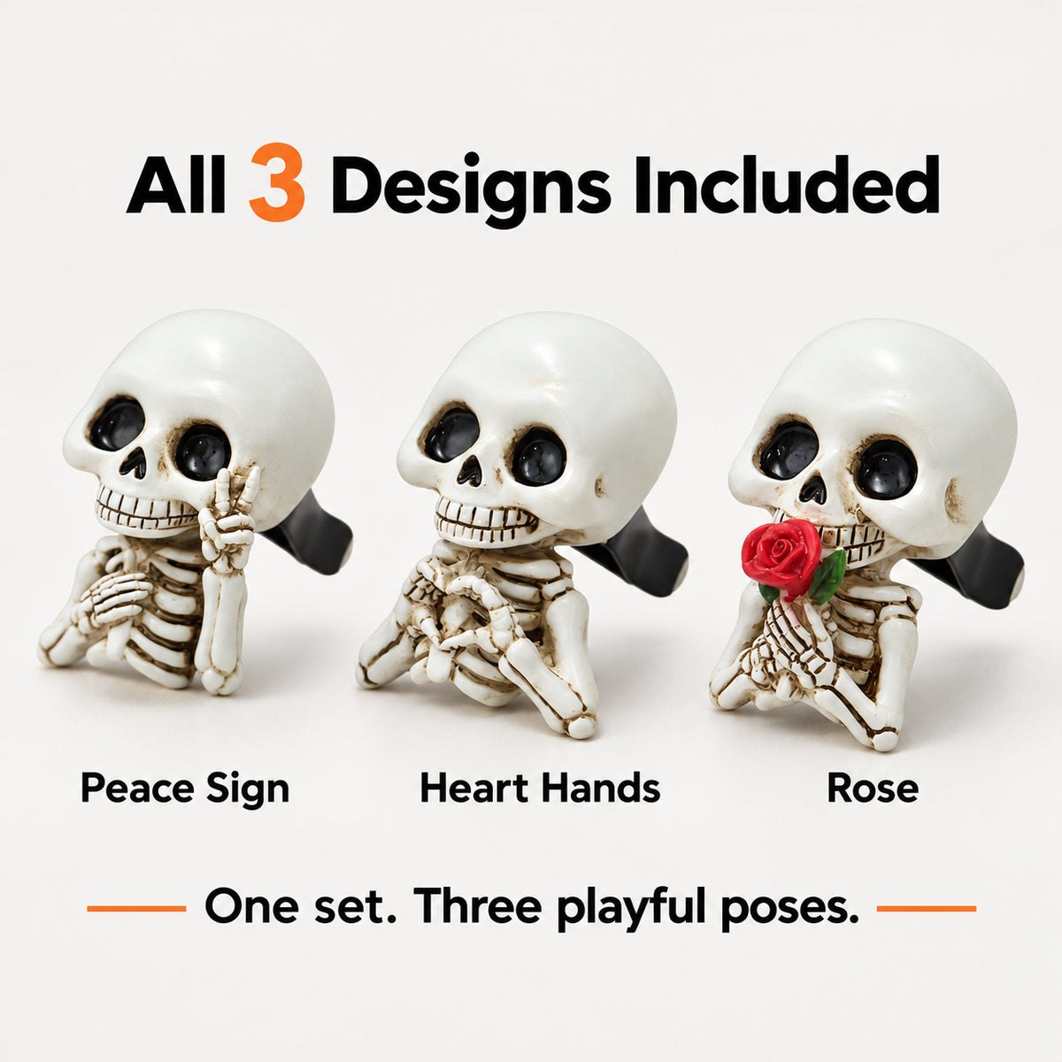 Peace Sign, Heart Hands and Rose skeleton decorations included in the set of 3
