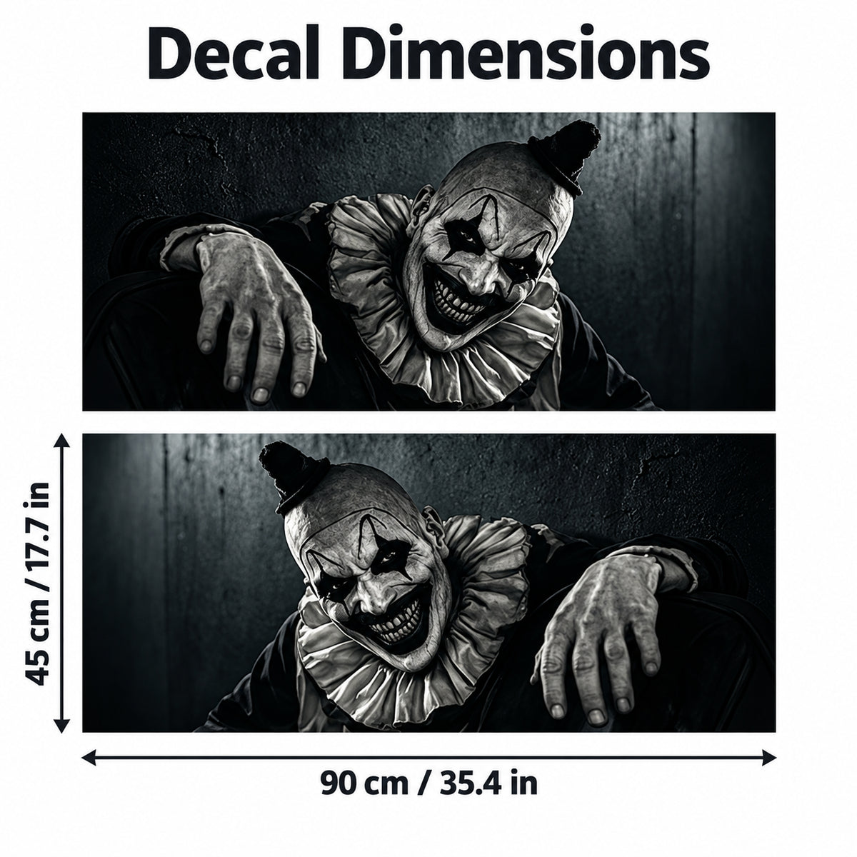 Vintage Clown car window decal size chart showing 90 × 45 cm