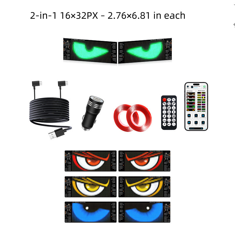 CARMOJ Dual 16x32px Devil Eyes LED panels with accessories and color effects