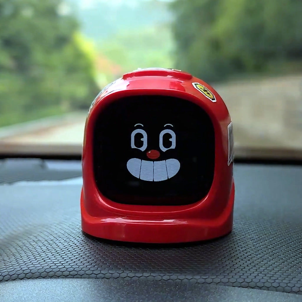 CARMOJ Smart Robot Dashboard Companion in red installed on a car dashboard