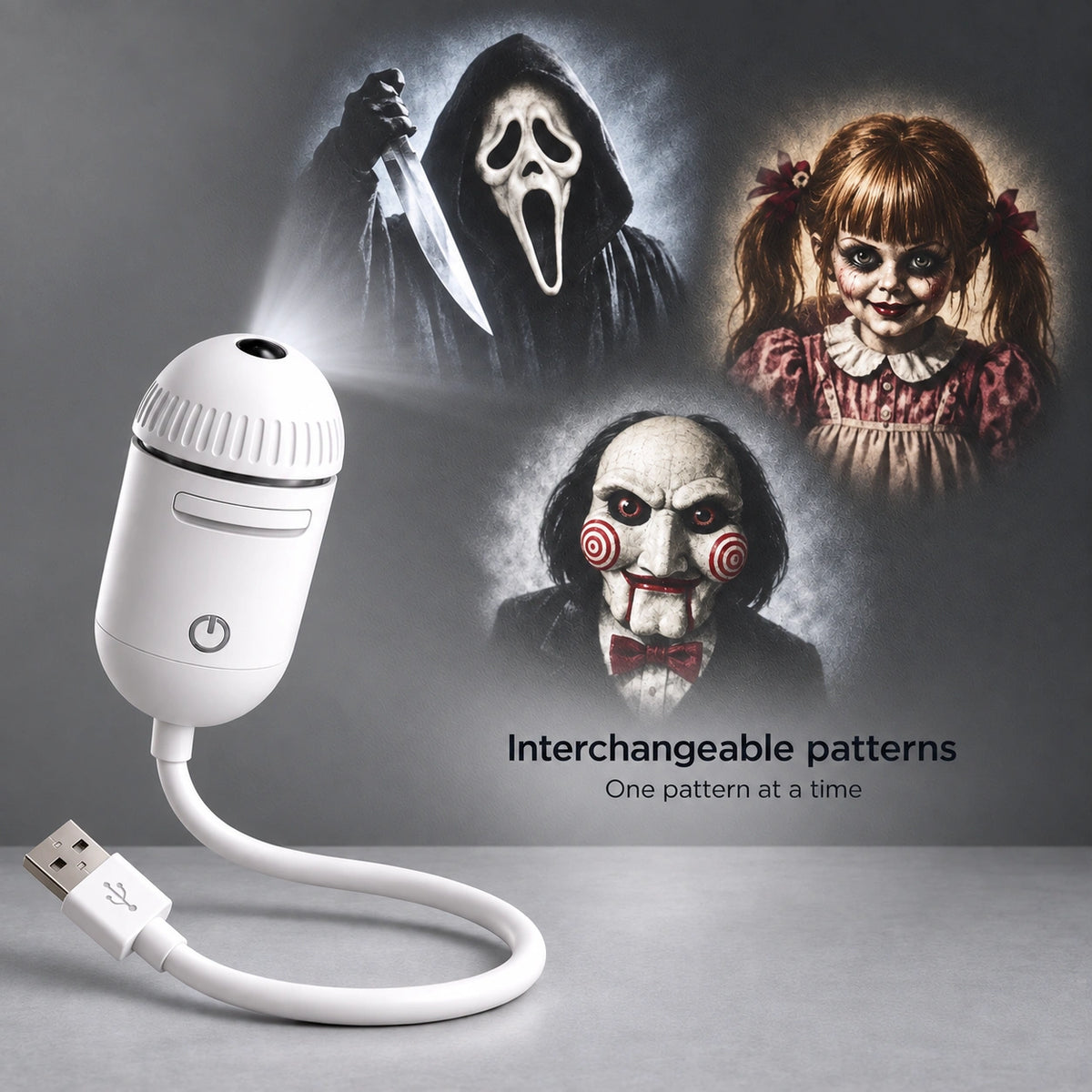 White CARMOJ USB Halloween projector with an adjustable gooseneck and three interchangeable pattern examples, shown one at a time.