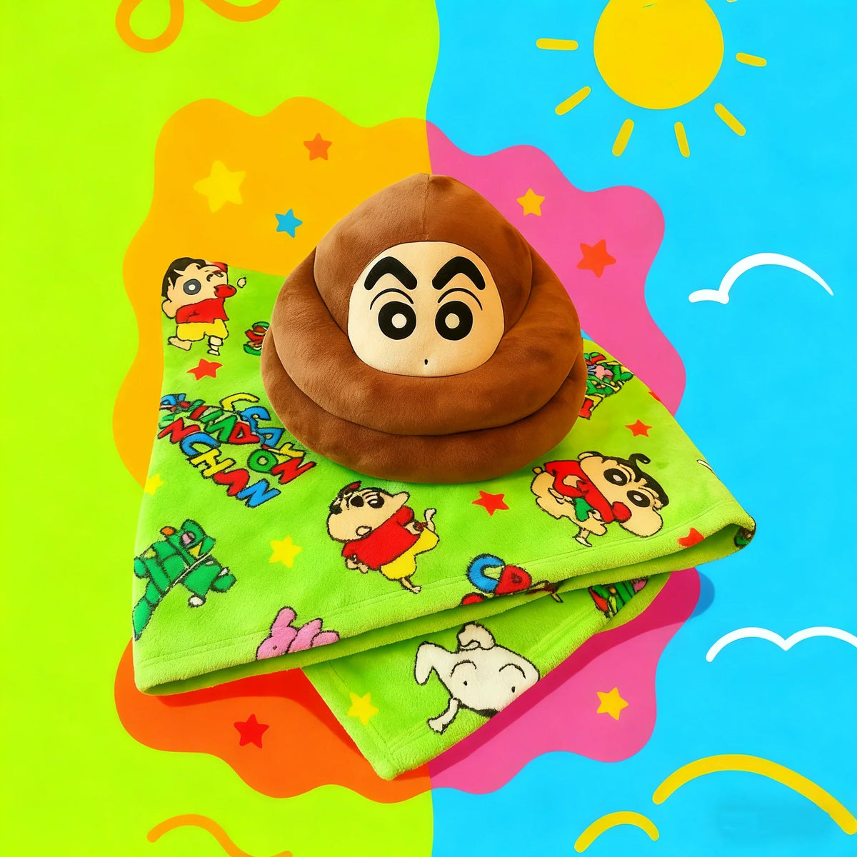 Brown plush character pillow with its colorful printed blanket