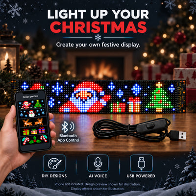 Christmas LED car window display with festive pixel artwork, Bluetooth phone control and USB cable, shown as an illustration.