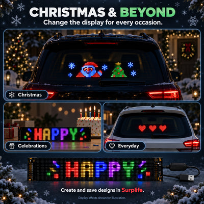 Christmas and everyday design examples for a programmable LED car rear-window display.