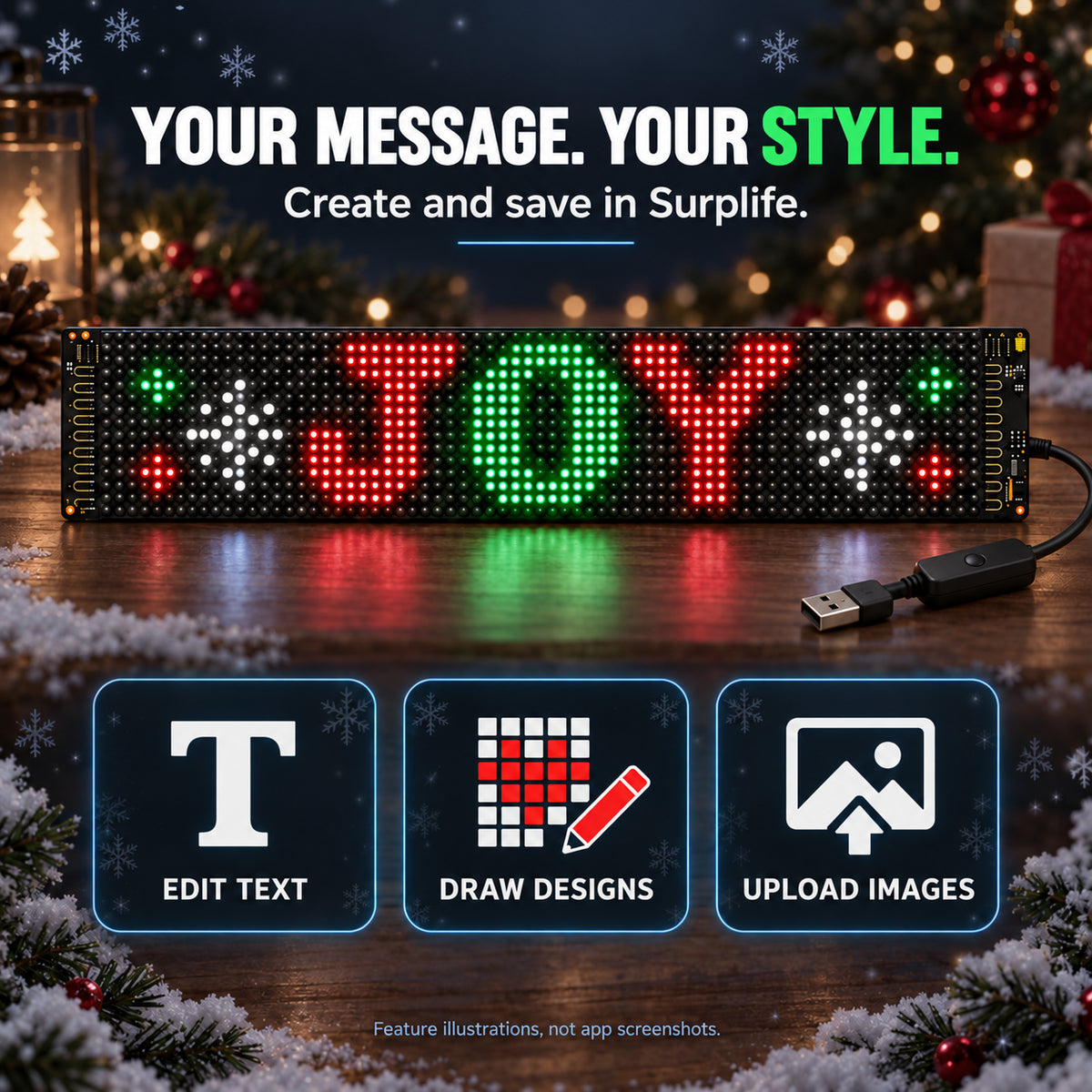 DIY text, drawing and photo-upload examples for a flexible LED display controlled with Surplife App.