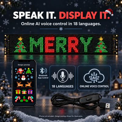 LED display illustration showing online AI voice control in 18 languages.