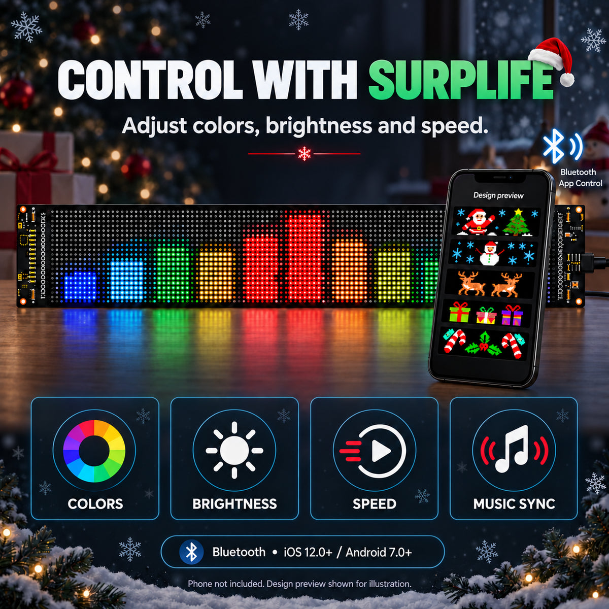 Surplife App control illustration with a front-facing phone, Bluetooth symbol and Christmas LED designs.