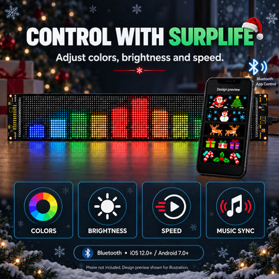 Surplife App control illustration with a front-facing phone, Bluetooth symbol and Christmas LED designs.