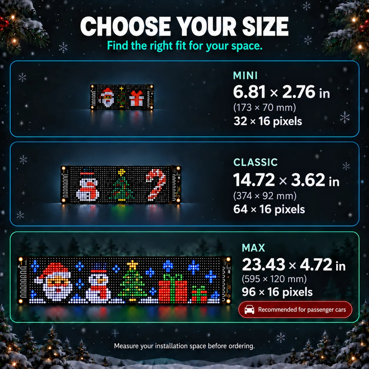 Mini, Classic and Max LED panel size comparison with inch and millimeter dimensions and 32 × 16, 64 × 16 and 96 × 16 pixels.