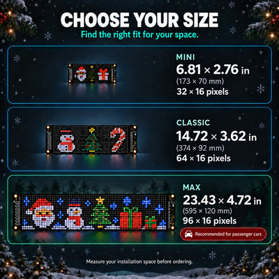 Mini, Classic and Max LED panel size comparison with inch and millimeter dimensions and 32 × 16, 64 × 16 and 96 × 16 pixels.