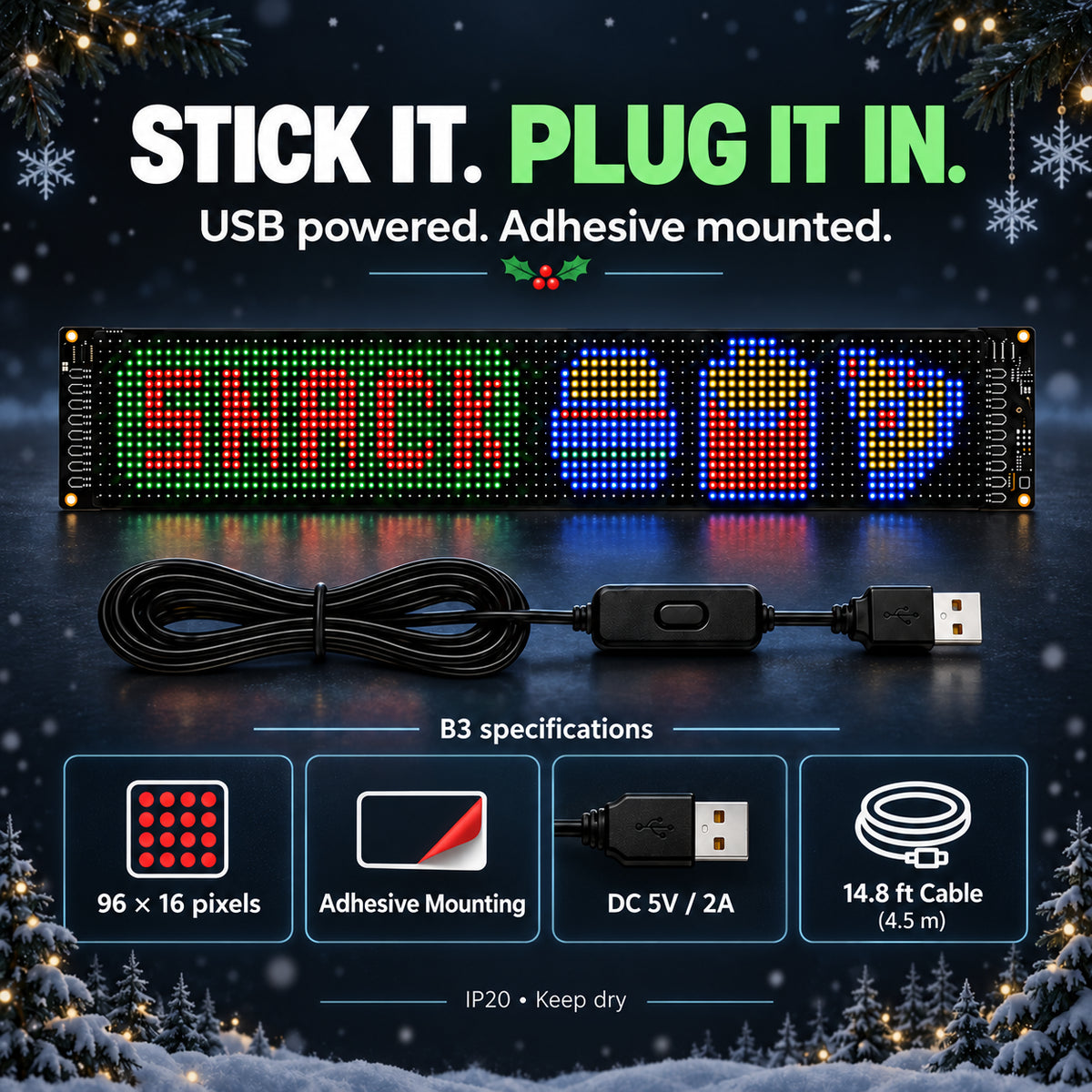USB power and adhesive installation guide for a flexible LED window display.