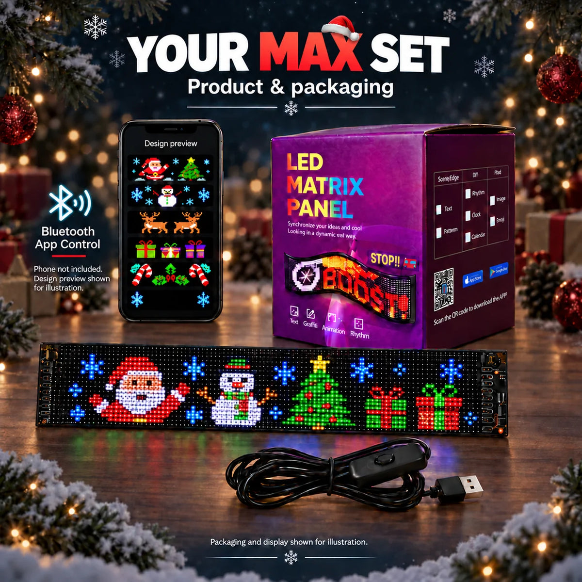 Max LED display with Christmas pixel artwork, USB cable and packaging; phone shown for illustration and not included.