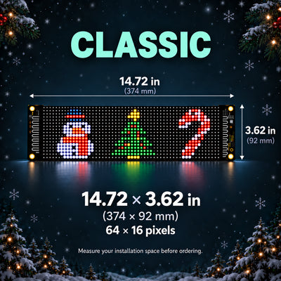 Classic LED display dimension illustration: 14.72 × 3.62 in (374 × 92 mm), 64 × 16 pixels, with Christmas designs.