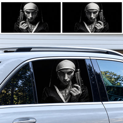 Armed Nun Halloween horror character car window decal