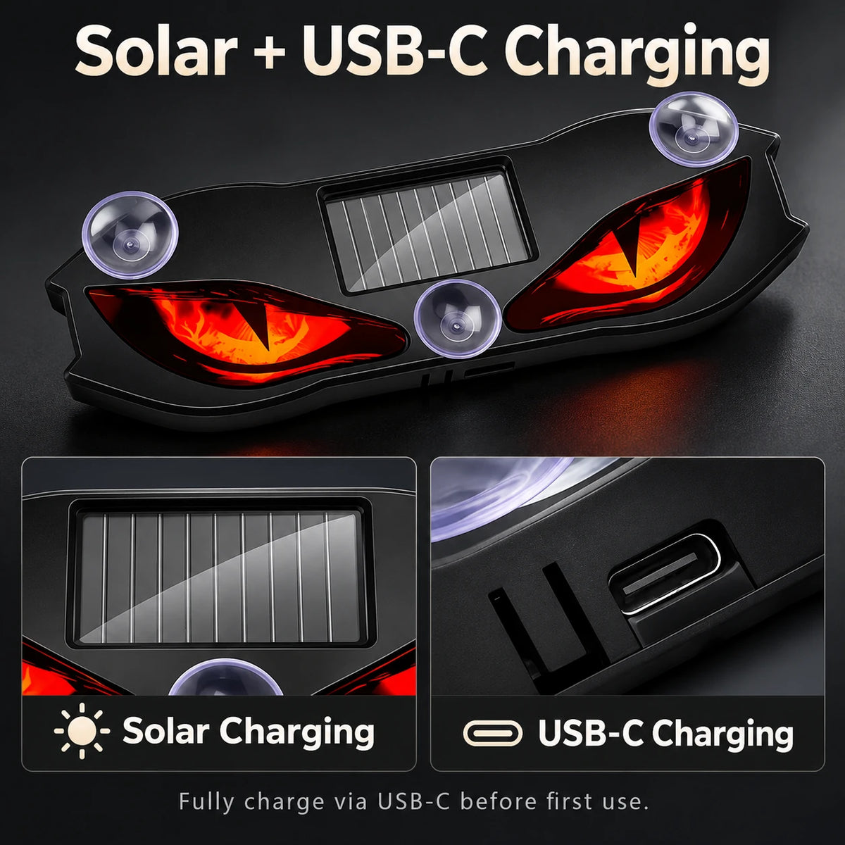 Demon-eye car window light showing solar panel and USB-C charging port