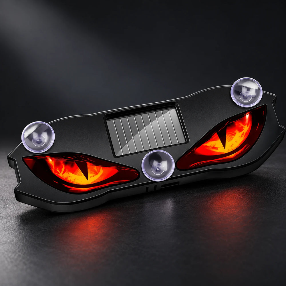 Red demon-eye LED car window light with central solar panel and clear suction cups