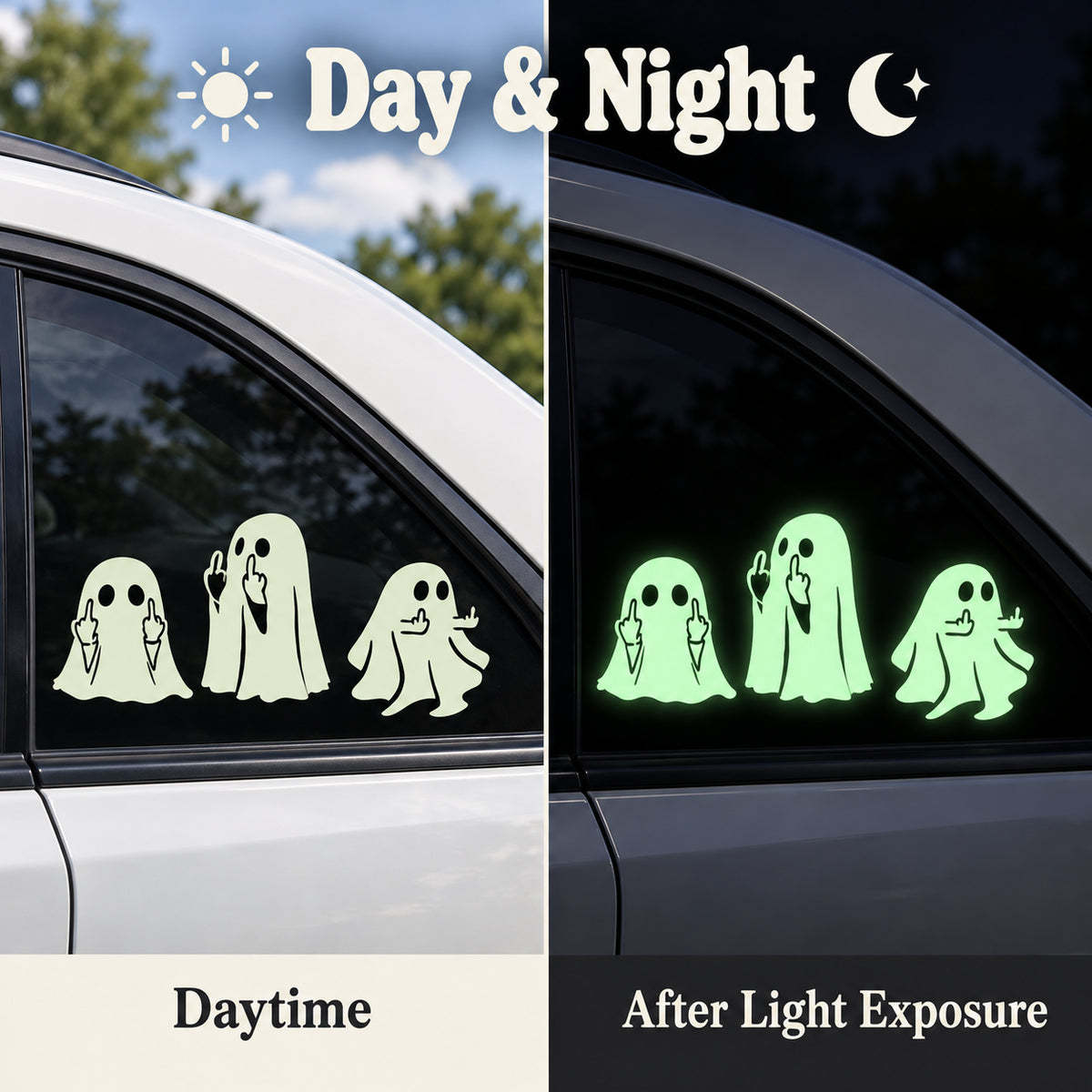 Day and night comparison of ghost decals on a car window, showing the green glow