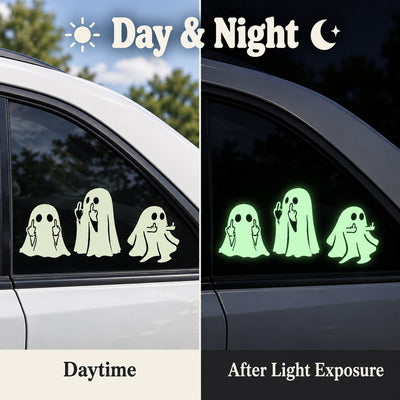 Day and night comparison of ghost decals on a car window, showing the green glow