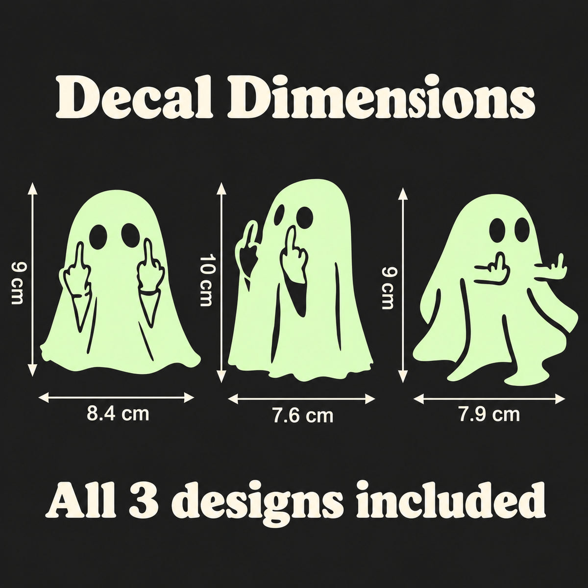 Ghost decal size chart: 8.4 × 9 cm, 7.6 × 10 cm and 7.9 × 9 cm, width × height