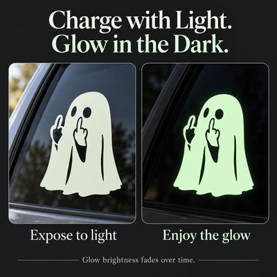 Ghost decal light-charging instructions with daylight and green glow comparison