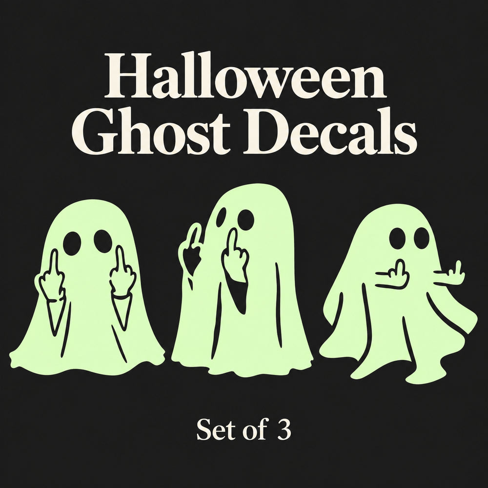 Set of three cartoon ghost car decals with raised middle-finger designs