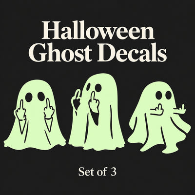 Set of three cartoon ghost car decals with raised middle-finger designs