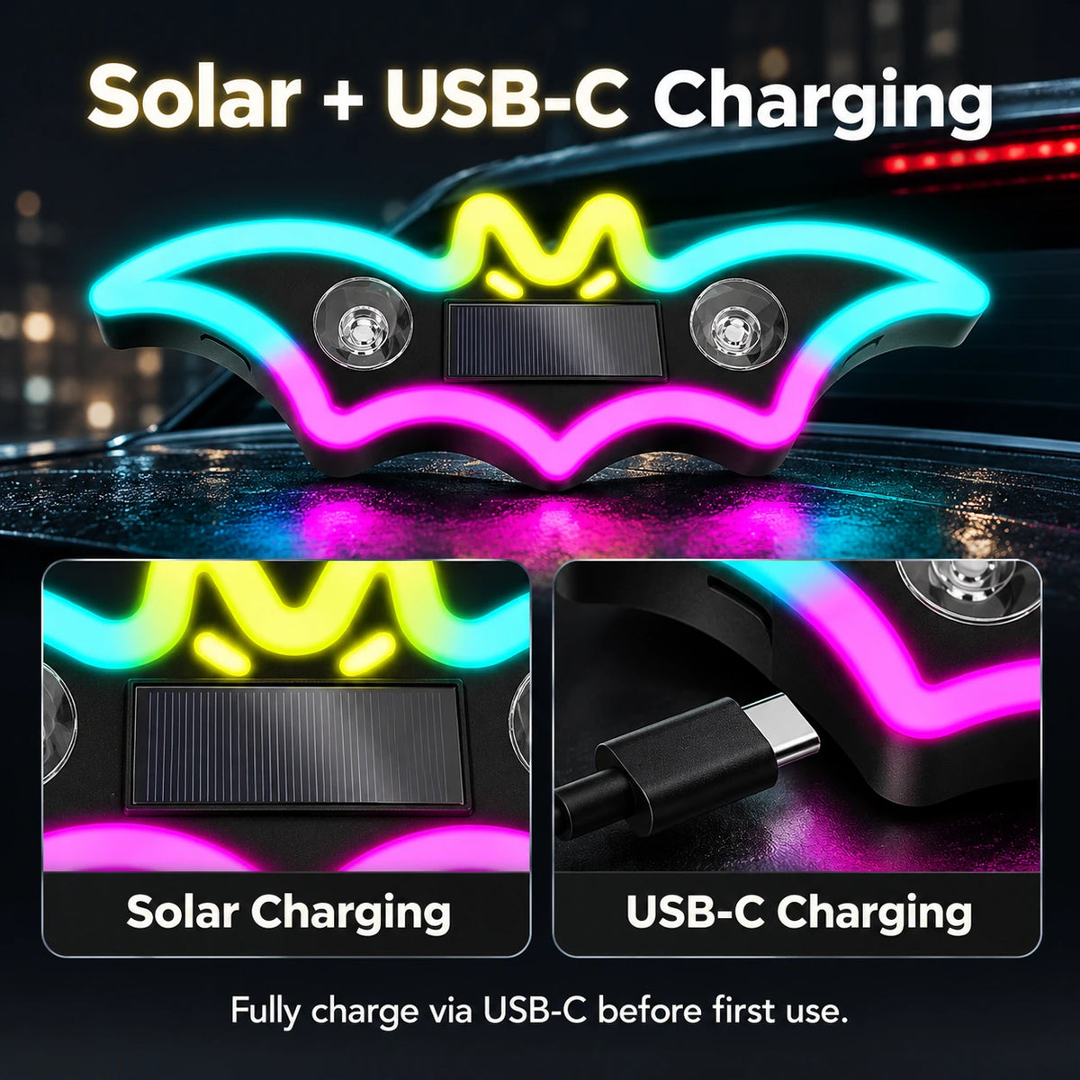 Solar panel and USB-C charging features of the Halloween car window light