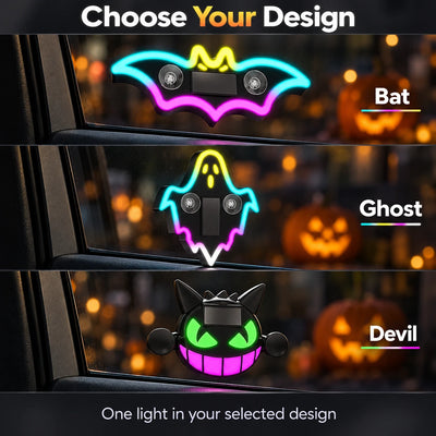 Bat, ghost and devil designs for multicolor Halloween solar-powered LED car window lights