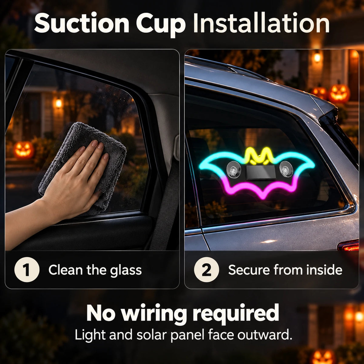 Suction cup installation of the Halloween LED light on interior car window glass
