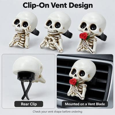 Black rear clips on smiling skeleton decorations for car air vent attachment