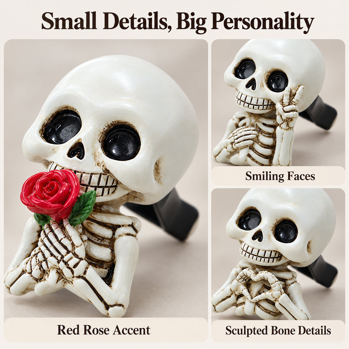 Close-up of resin skeleton faces, sculpted bones and red rose detail