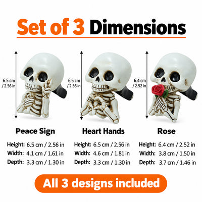 Size chart for Peace Sign, Heart Hands and Rose skeleton air vent decorations