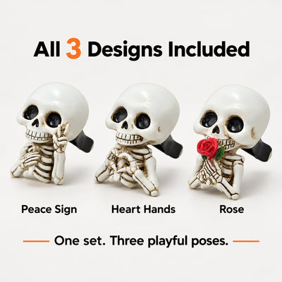 Peace Sign, Heart Hands and Rose skeleton decorations included in the set of 3