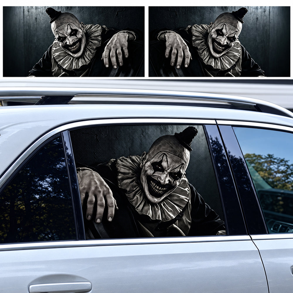Vintage Clown Halloween horror character decal on a car window