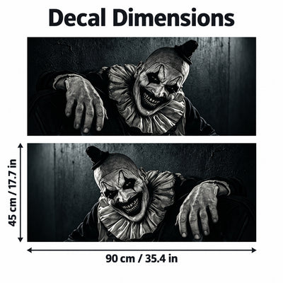 Vintage Clown car window decal size chart showing 90 × 45 cm