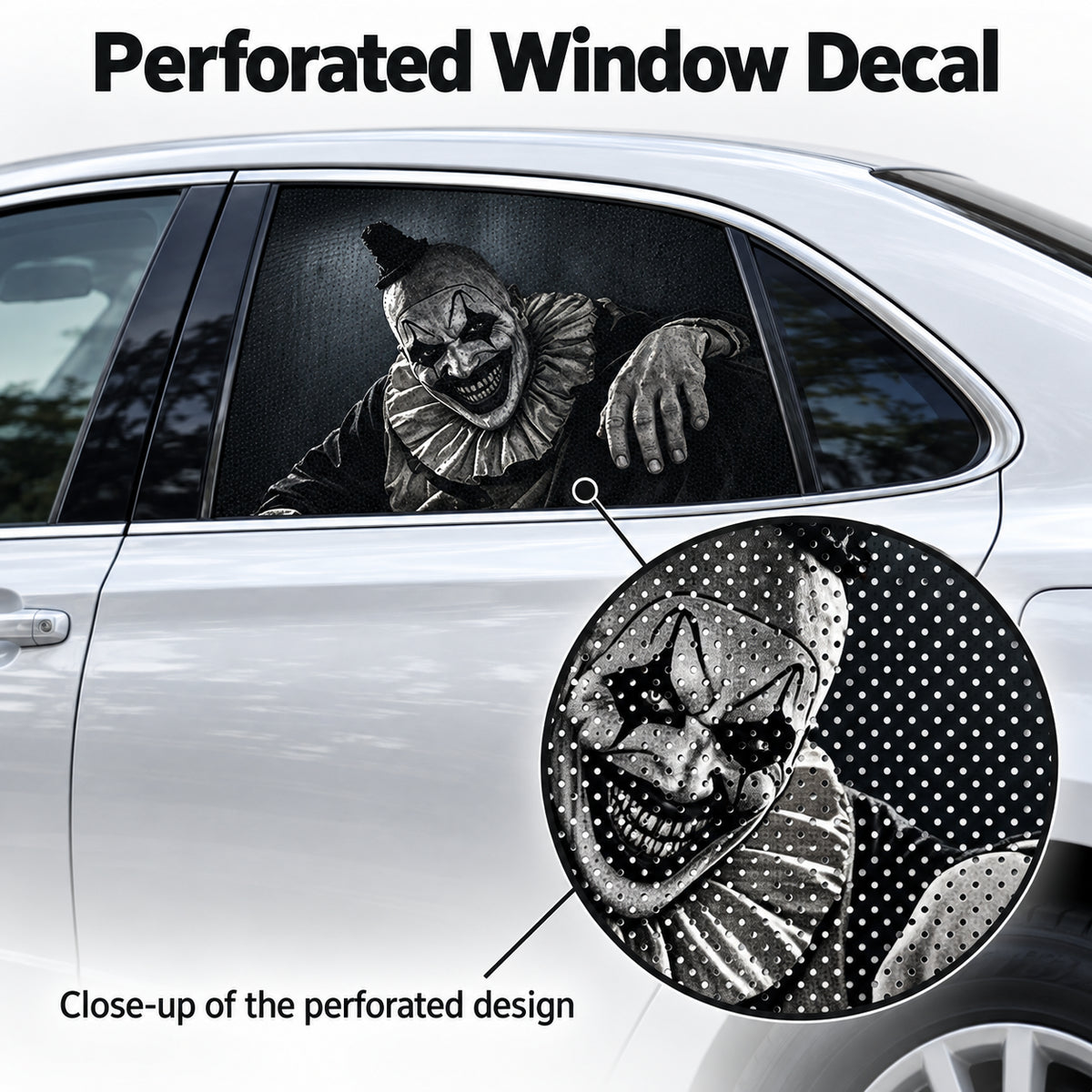 Close-up of perforated surface on the Vintage Clown car window decal
