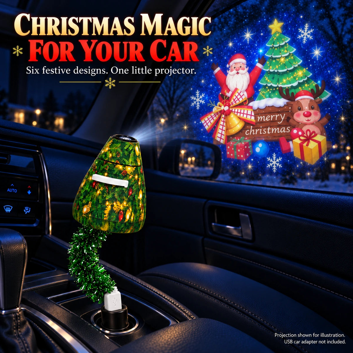 Green Christmas tree USB projector connected to a car USB adapter, with a Christmas greeting projection shown on glass as an illustration.