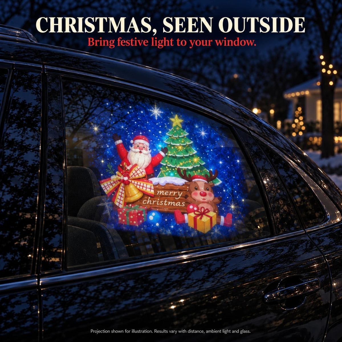Exterior side-window view of an illustrated Santa, tree and reindeer projection blended with car glass reflections.