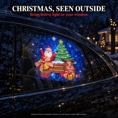 Exterior side-window view of an illustrated Santa, tree and reindeer projection blended with car glass reflections.
