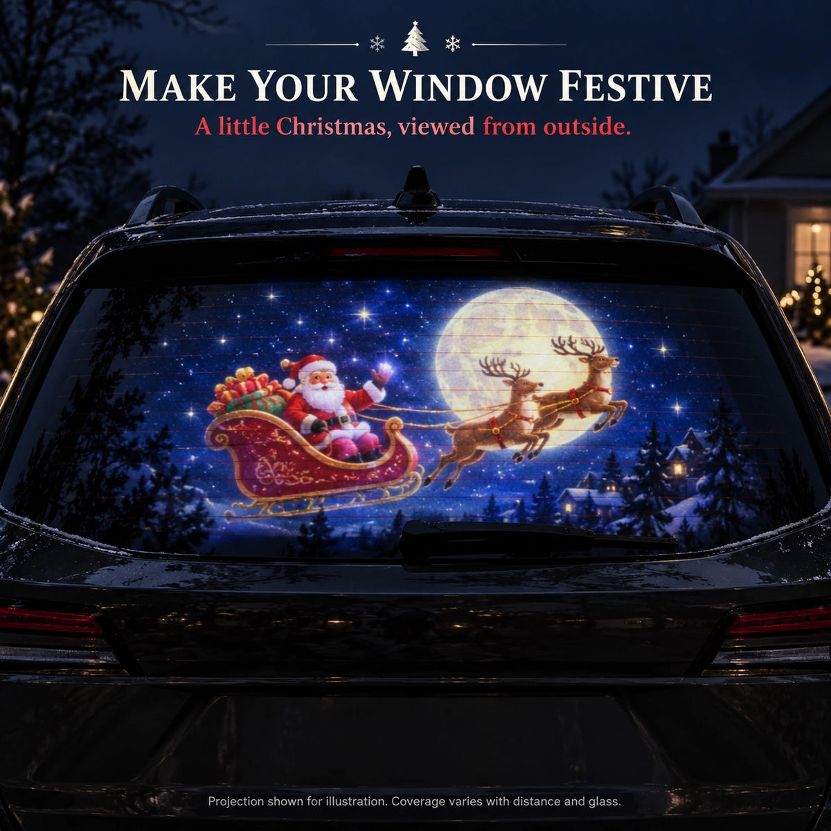 Illustrated moonlit Santa sleigh projection viewed from outside through an SUV rear window.