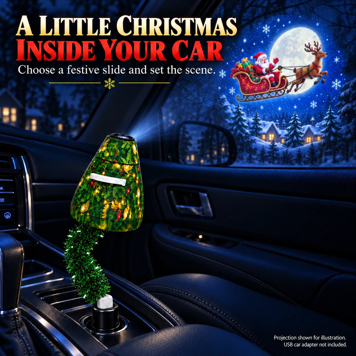 Green Christmas projector connected inside a parked car with a moonlit sleigh projection illustration.