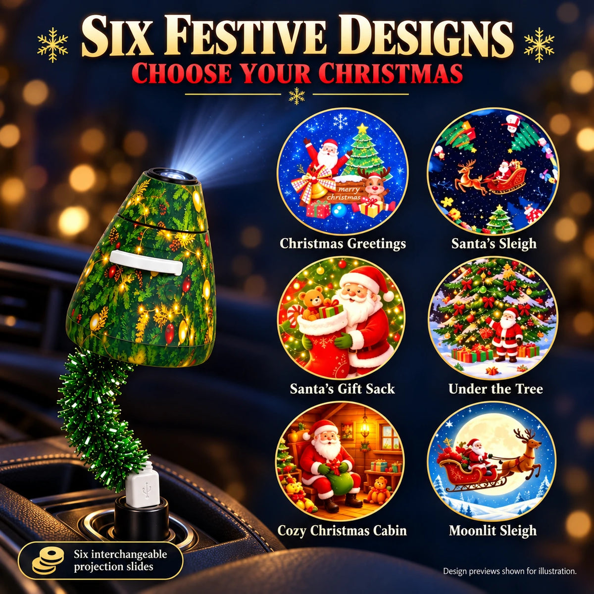 Six interchangeable Christmas projection design previews supplied with the green tree-shaped projector.