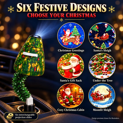 Six interchangeable Christmas projection design previews supplied with the green tree-shaped projector.