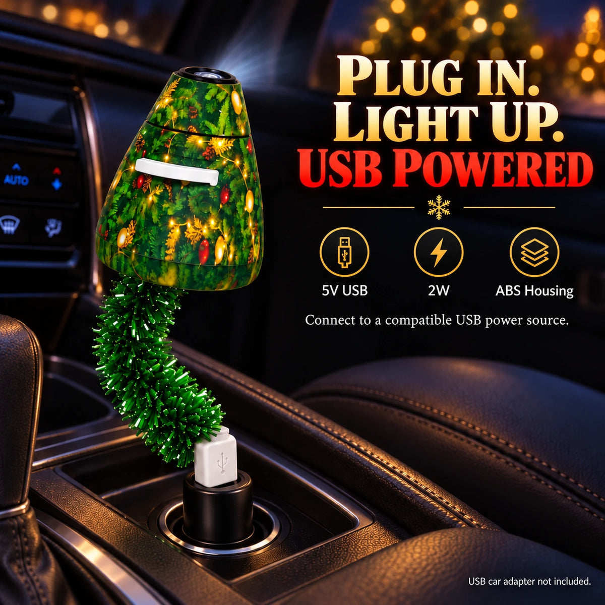 Close-up illustration of the projector USB plug inserted into a car USB adapter; 5V and 2W specifications.